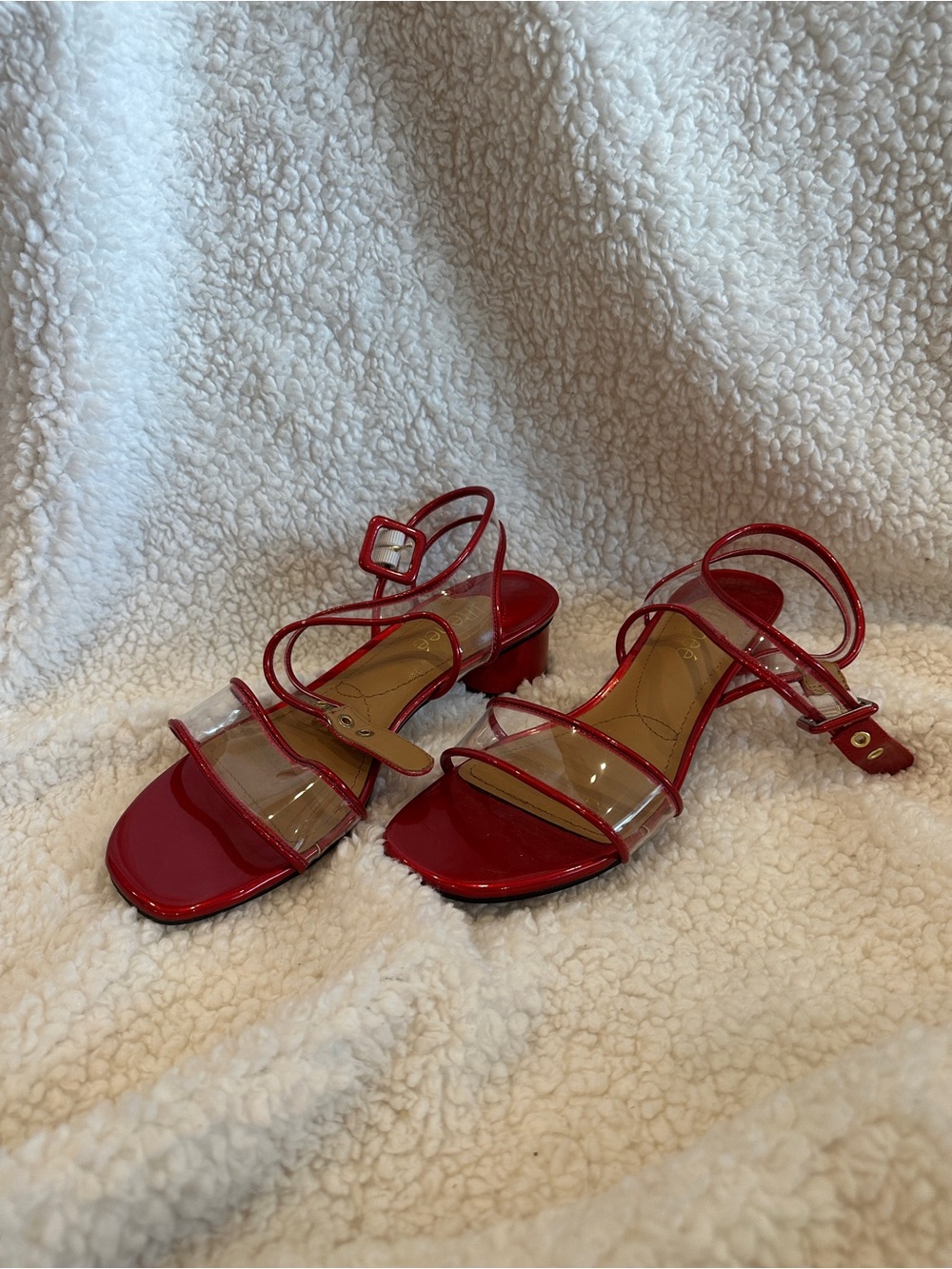 Red Patent Strappy Mid Block Heels with Clear Straps